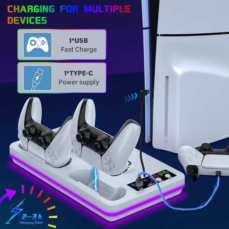 DBEPANK for PS5/PS5 Slim/PS5 Pro Stand and Cooling Station with Controller Charging Station for PlayStation 5 Slim&Standard Disc/Digital Console, 10 Light for PS5 Cooler Accessories Incl 3 Levels Cooling Fan - Image 3